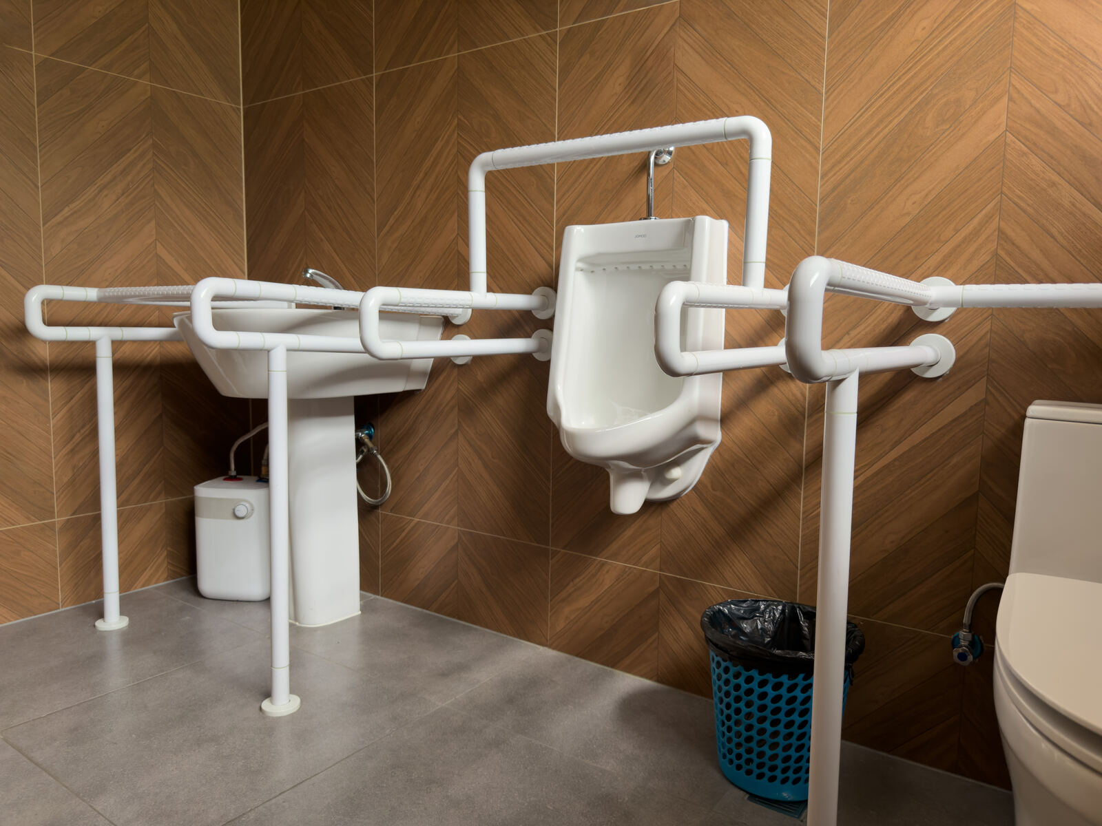 An accessible bathroom with grab bars and a roll-in shower