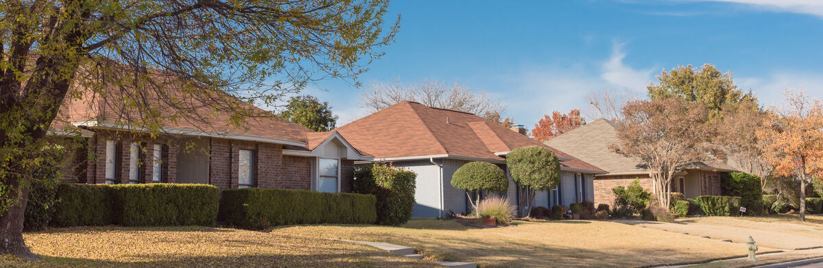 A row of single-story homes in a Texas suburb